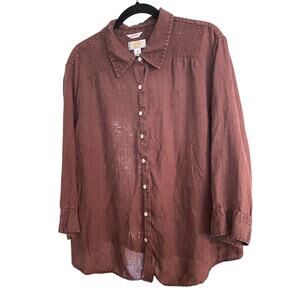 Talbots Irish Linen Brown Button Front Shirt Top 3X Resort Lagenlook Earthy